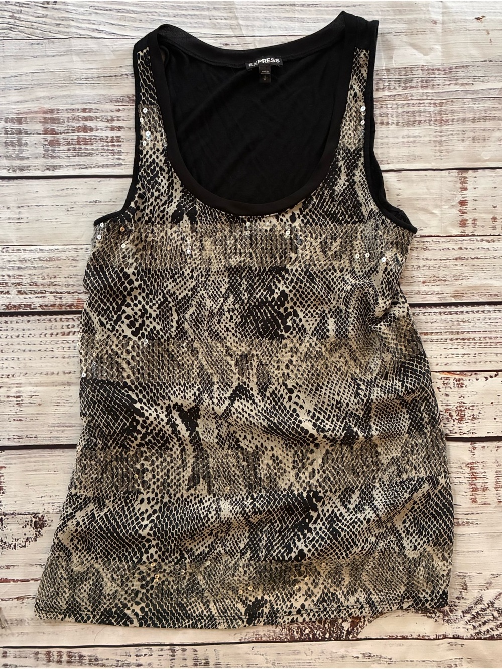 Express Y2K Snake-Print Sequin Tank Top - Black & Cream